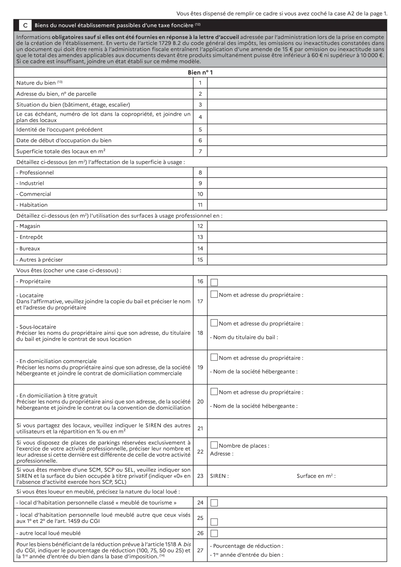 Page 3 du formulaire 1447-C-SD - cadre C biens du nouvel etablissement passibles d une taxe fonciere