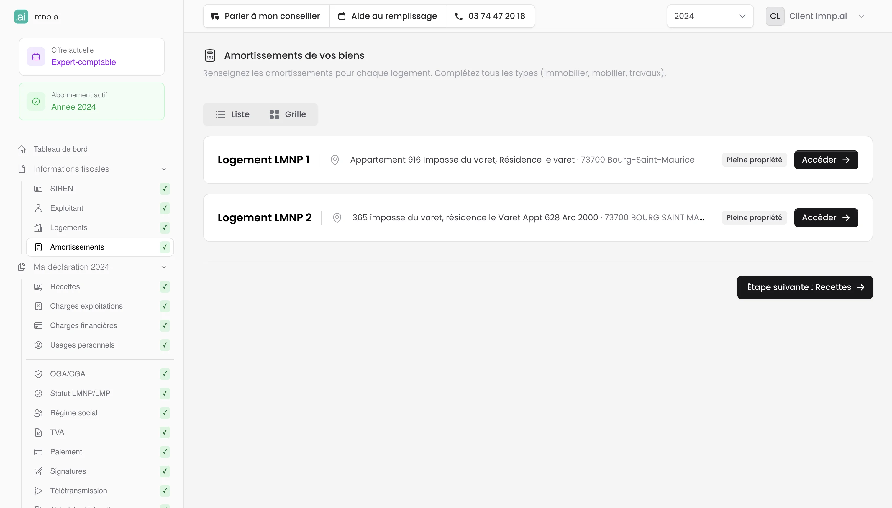 Interface amortissements LMNP
