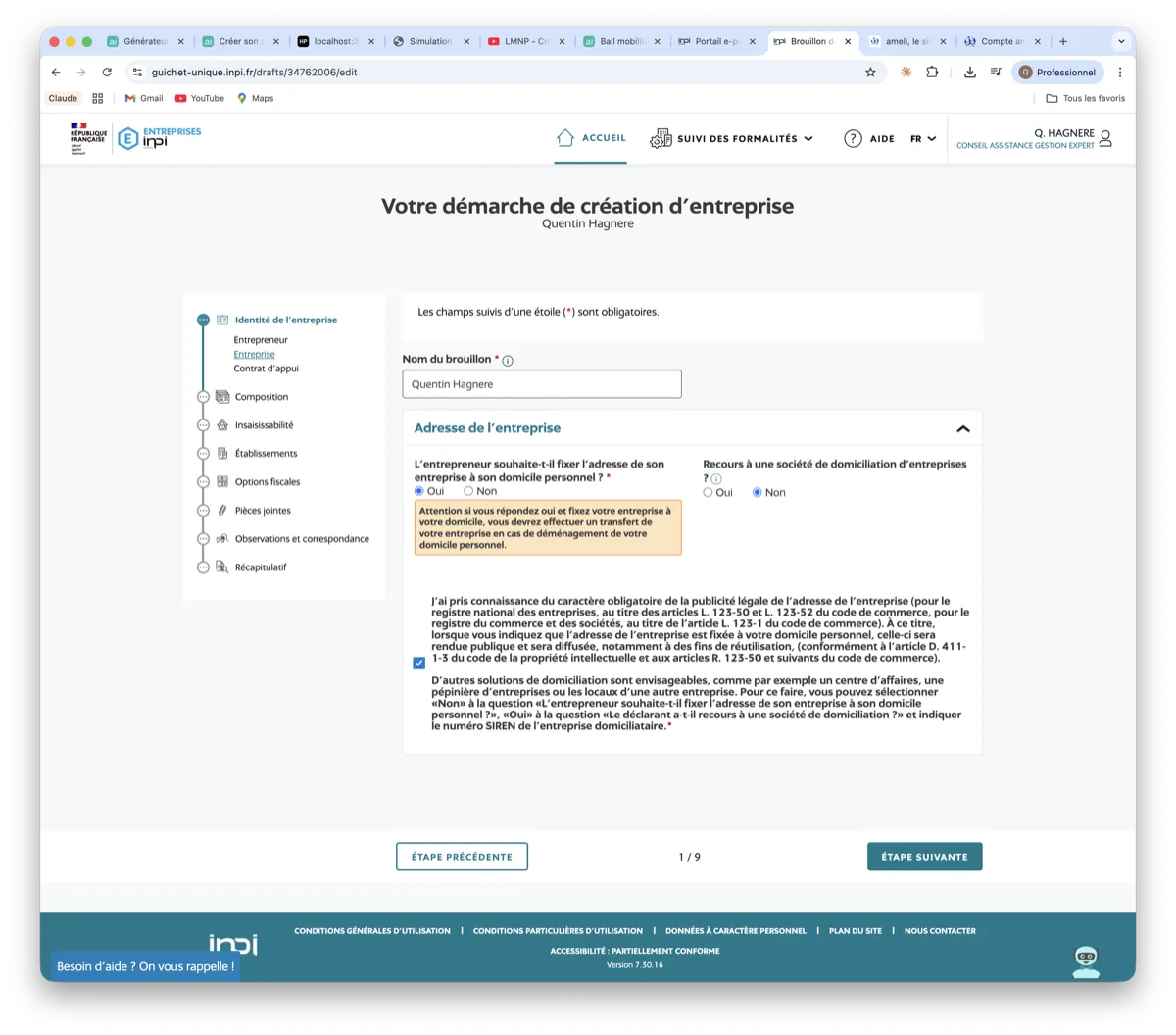 Adresse de l entreprise LMNP - domiciliation et avertissement publicite