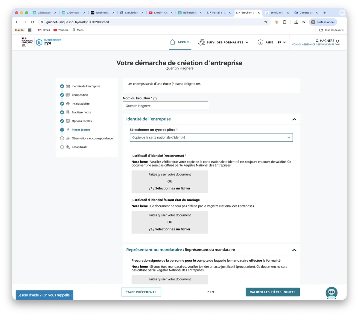 Pieces jointes INPI - copie CNI recto verso pour creation LMNP