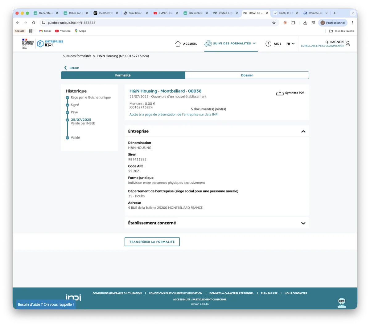 Detail formalite validee INPI - SIREN code APE adresse LMNP